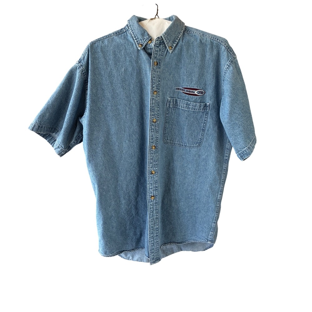 C.C. Creations Denim Shirt Medium Blue Texas A&M '76 Vintage Short Sleeve Button